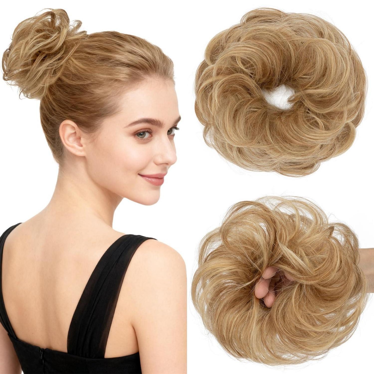 LuxusKollektion Echthaar-Extension Haarteil Dutt Gummiband Echthaar Locken-23g 6P613 Hellbraun Blond