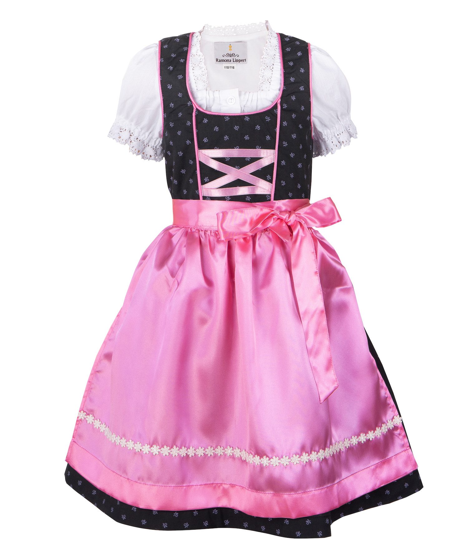 Ramona Lippert Дирндль Kinderdirndl Lea Trachtenkleid Mädchen dunkelgrau rosa mit Bluse