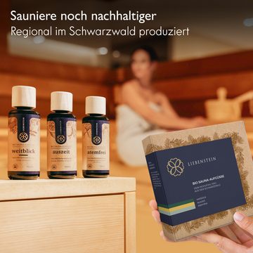 Liebenstein Sauna-Aufgussset Wohlfühl-Trio mit 100% naturreinen Bio Ölen (BIO Saunaaufguss SET - regional und nachhaltig, 3-tlg., [3x100ml Sauna Aufgussmittel) Schwarzwald Sauna Set für ein intensives Dufterlebnis.
