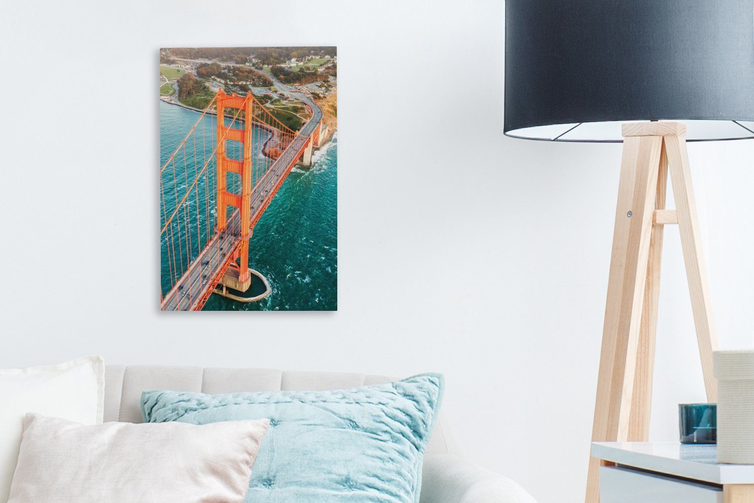 OneMillionCanvasses® Leinwandbild Golden Gate Bridge Gemälde, inkl. fertig - bespannt cm (1 Leinwandbild St), Wasser Zackenaufhänger, Amerika, 20x30 