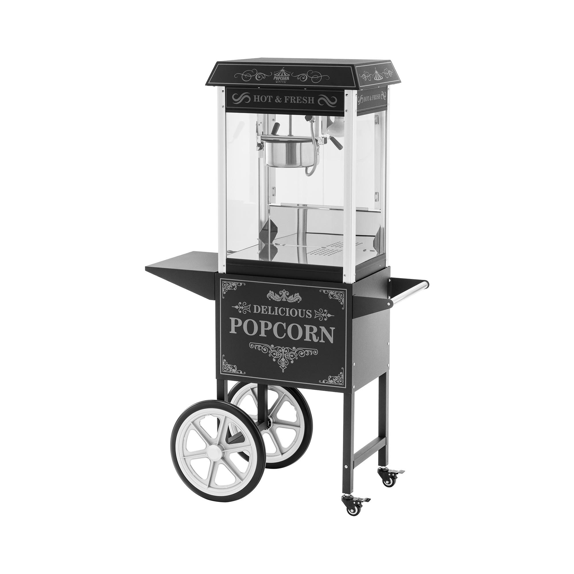 Popcornmaschine 5 kg/h Popcornmaker mit Wagen Retro-Design 195/235°C schwarz Gastro