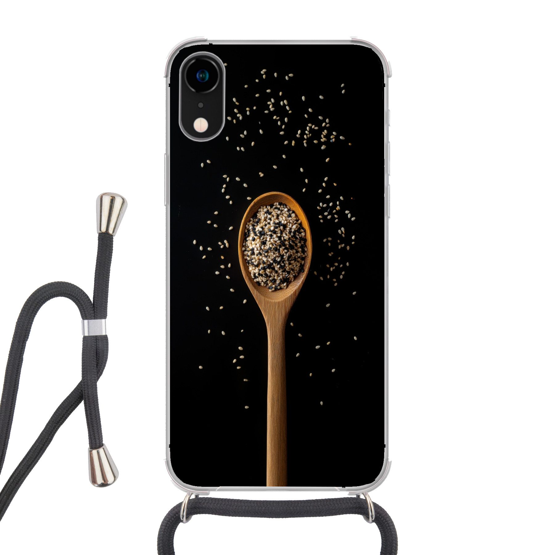 MuchoWow Handyhülle für Apple iPhone XR Sesam - Löffel - Schwarz, Tragbare Handyhüllen mit Kette zum umhängen, Handykette Handyband