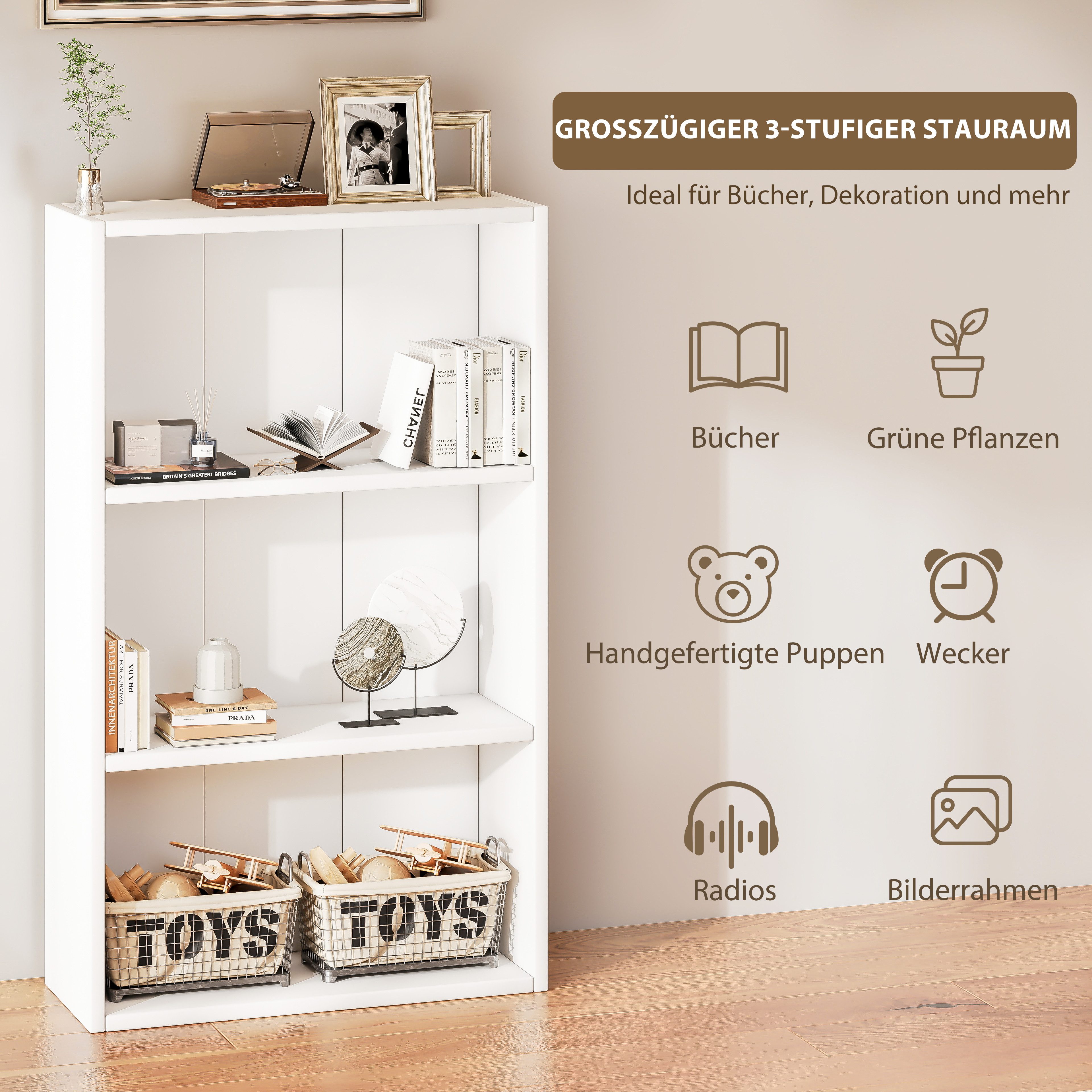 oyajia Bücherregal Bücherregal 100cm für Wohnzimmer Home Office,3-Stöckiges, Standregal, Büroregal, 3 Fächer, Holzwerkstoff, 60/ 80x24x100cm (BxTxH)