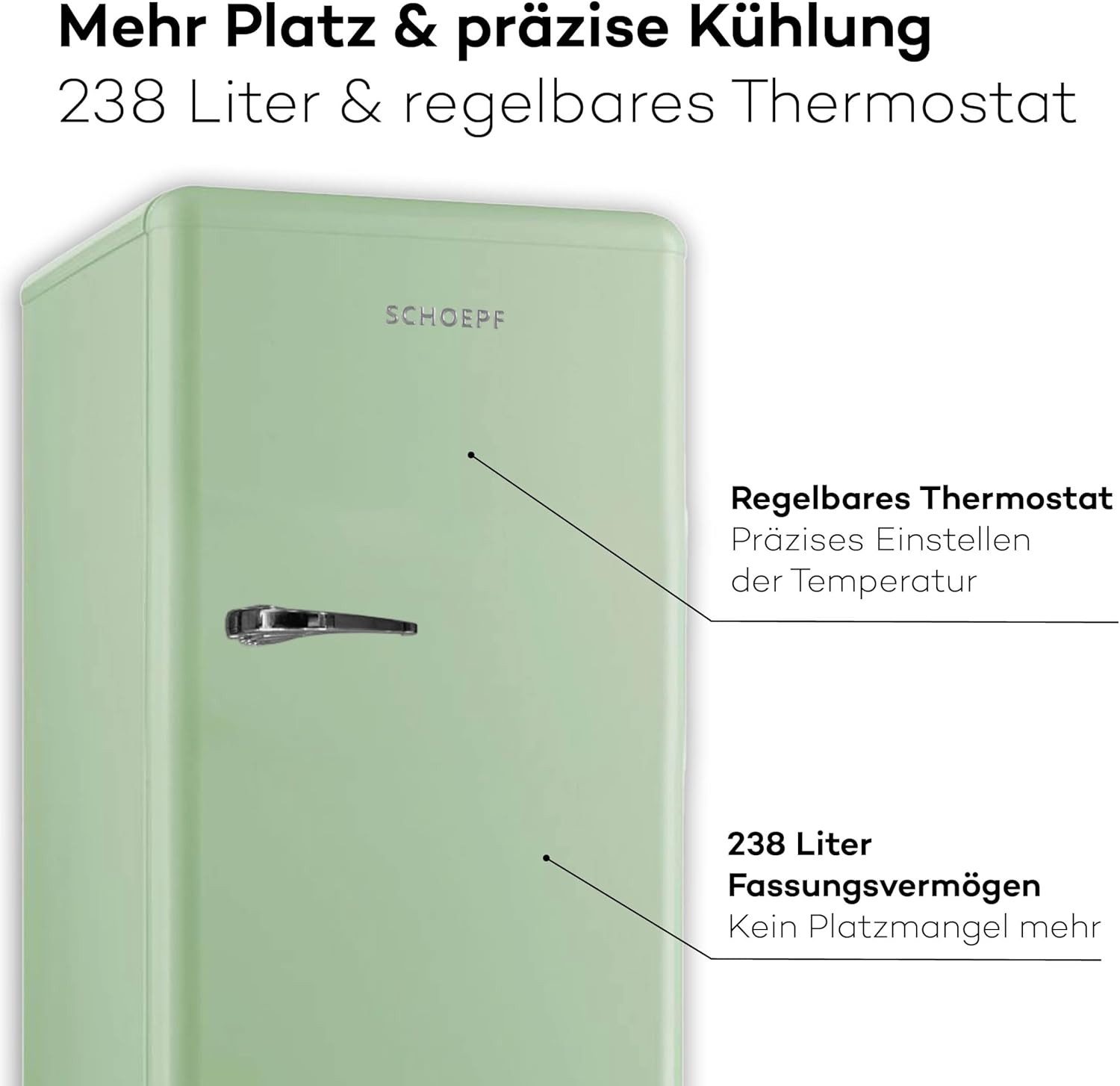 SCHOEPF Vollraumkühlschrank RKS245SGD, 145.6 cm hoch, 54.5 cm breit, LED-Beleuchtung, Retro-Design, 238l Nutzinhalt