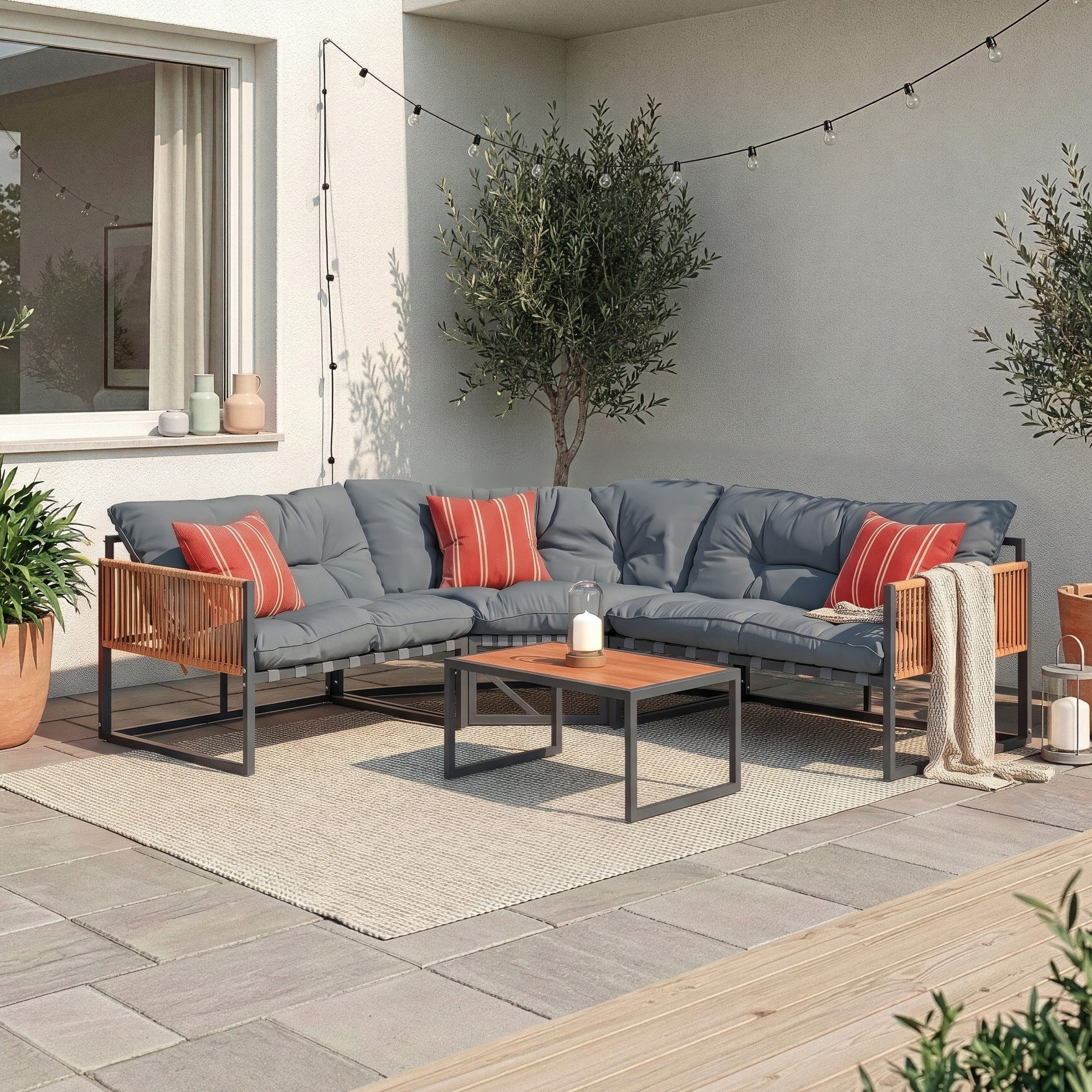 casa.pro Loungeset, (Set, 4-tlg), »Karg« Sofa mit Couchtisch Kissen Dunkelgrau/Rattanoptik
