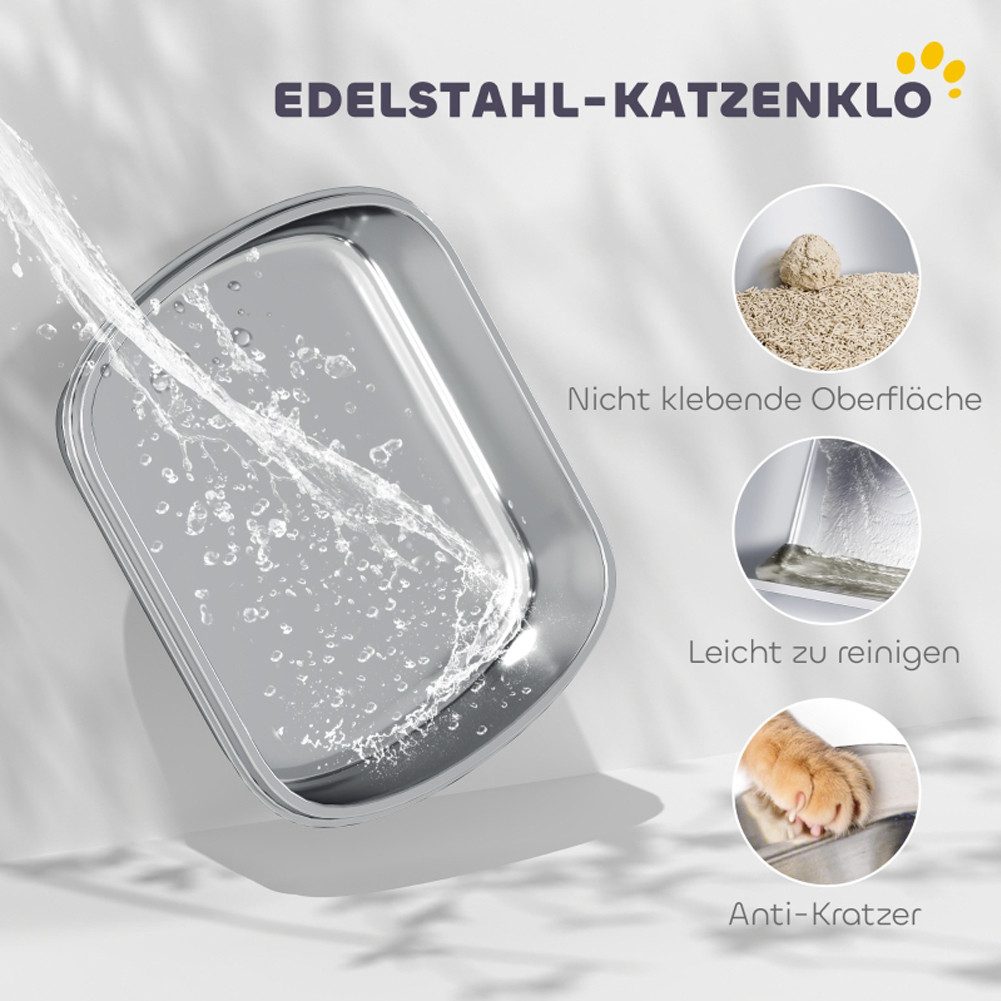 FANNOU Katzentoilette für Katze unter 5kg, 52,4 x 41,3 x 42 cm, Katzenklo Edelstahl mit Deckel, Wanne, Streuschaufel