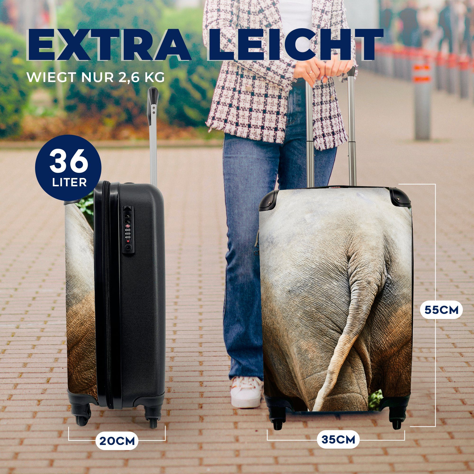 mit Handgepäckkoffer 4 Reisetasche Ferien, Rollen, Grau - Reisekoffer Trolley, - für Tiere - rollen, MuchoWow Elefant Handgepäck Natur,