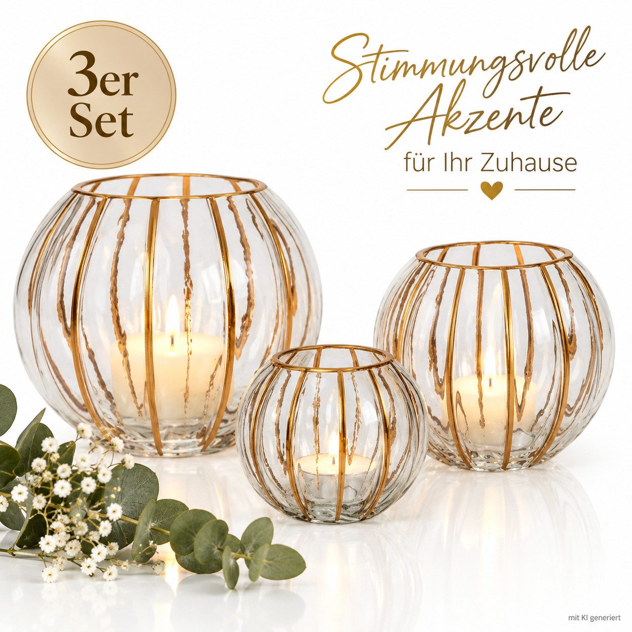 Weltbild Dekofigur Windlichter 3er Set Kugelform Glas Gold Tischdeko Windlicht Dekoration
