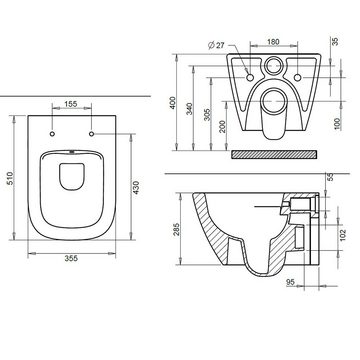 Belvit Tiefspül-WC BV-HW5001-T+BV-DE2001, Wand-Montage, Abgang waagerecht, Belvit Spülrandloses Design Hänge WC mit Taharet/Bidet/Dusch