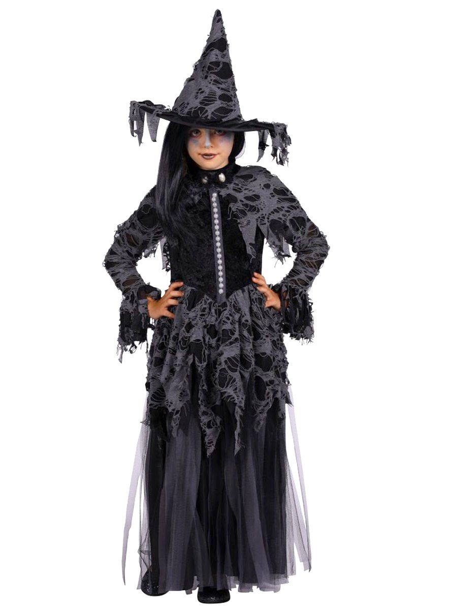thetru Hexen-Kostüm Schwarze Hexe - Halloween Kostüm Kinder Mädchen, Hexenkostüm für kleine Schwarzmagierinnen