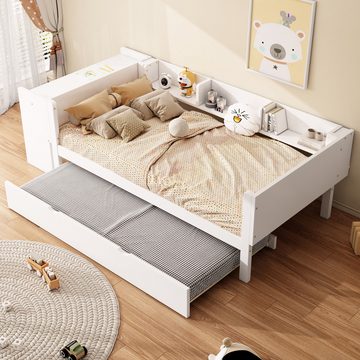 MODFU Kinderbett mit ausziehbarem Bett, mit Schreibtisch (drei Regale an der Seite des Bettes 90*200cm), ohne Matratze
