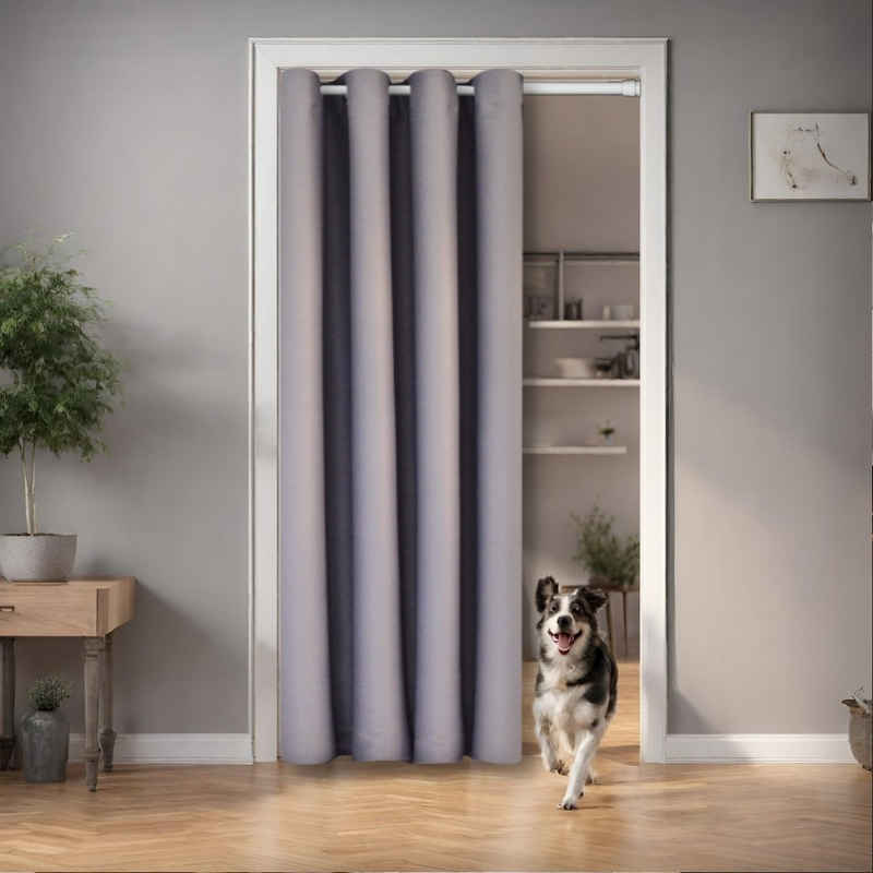 Türvorhang für alle gängigen Türgrößen, Thermovorhang (ohne Stange) Türgardine, tinycurtains, Ösen (1 St), abdunkelnd, 100% Polyester, blickdicht hellgrau Moonlight 195x150cm für Tür, Schrank & Fenster