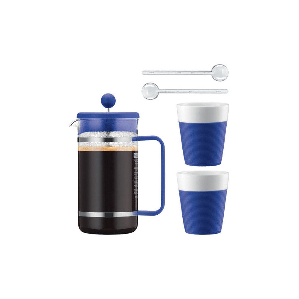 Bodum French Press Kanne, silberner Permanentfilter, Set, 2 Porzellantassen mit 0,3 Liter, 2 Kaffeelöffel aus Kunststoff