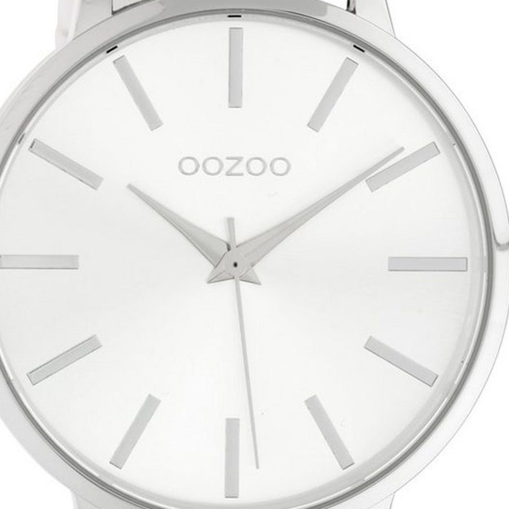 42mm) weiß, Damen Quarzuhr Fashion-Style Oozoo (ca. rund, groß Armbanduhr Lederarmband, Damenuhr OOZOO
