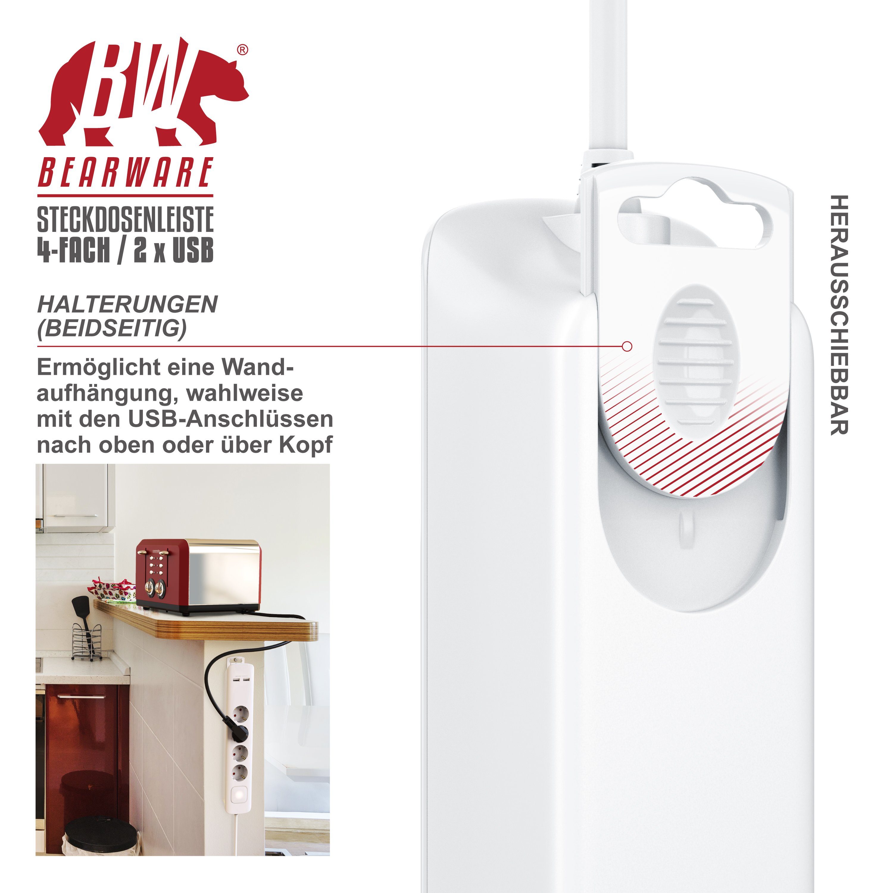 BEARWARE Ladegerät bis zu 3680 W / IP20 Steckdosenleiste 4-fach (Ein- / Ausschalter, USB-Anschluss, Überspannungsschutz, Schutzkontaktstecker, Kindersicherung,  – Bild 4 von 5