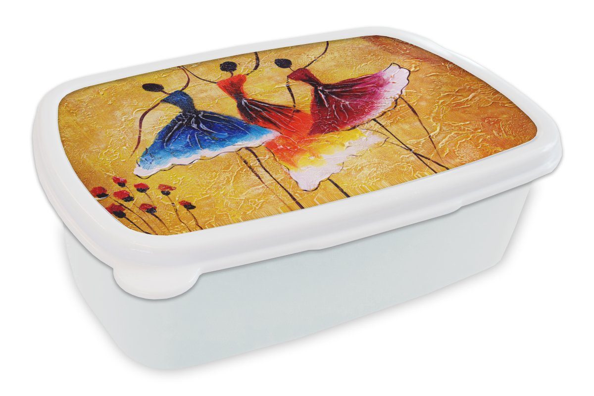 MuchoWow Lunchbox Gemälde - Frauen - Kleid - Öl, Kunststoff, (2-tlg), Brotbox für Kinder und Erwachsene, Brotdose, für Jungs und Mädchen weiß