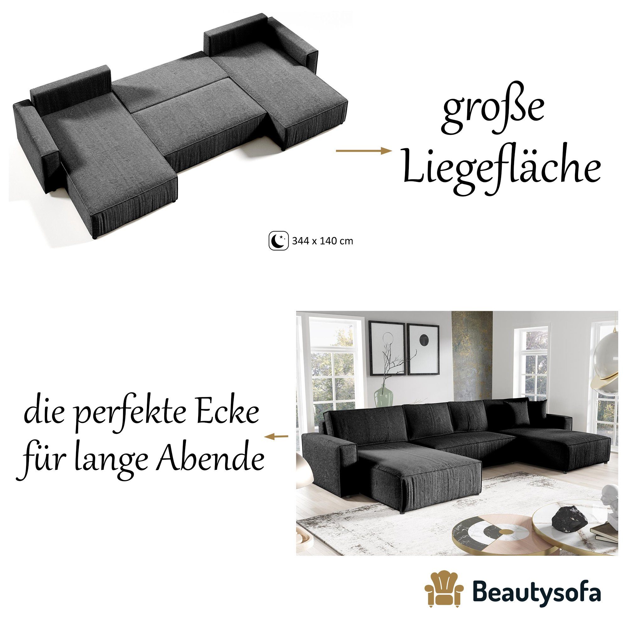 u-förmig Dunkelgrau (poso 34) U, universelle Polsterecke Schlaffunktion, Parys mane Ecke, 390 Ecksofa cm Beautysofa XXL, mit Bettkasten,