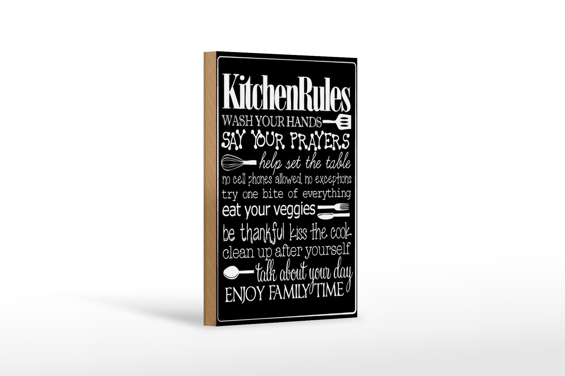 Holzbild Spruch 12x18 cm Kitchen Rules wash your hands