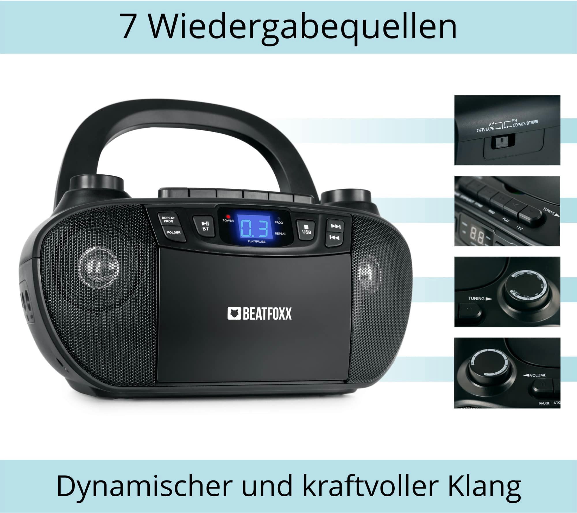 Beatfoxx CDB-1016U BK Bluetooth CD-Player, UKW/MW-Radio, USB und Kassette Boombox (2,4 W, Musikgenuss für zu Hause und unterwegs)