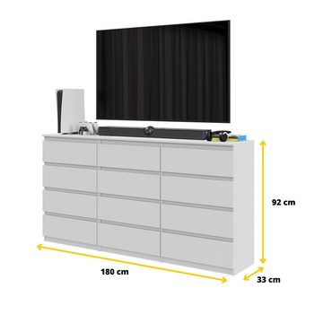 Furnica Kommode GABRIEL 8+4 Schubladen-Weiß Matt H92cm B180cm T33cm