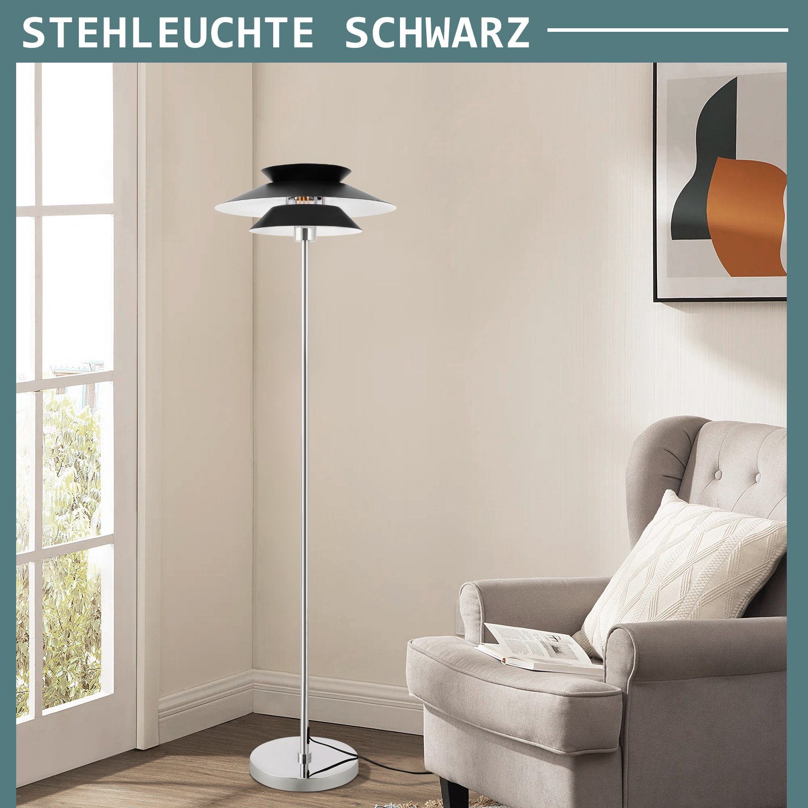 Nettlife Stehlampe Wohnzimmer Vintage E27 Metall Modern Stehleuchte Standlampe, Mit Fußschalter, LED wechselbar, für Schlafzimmer Arbeitszimmer Büro – Bild 3 von 5