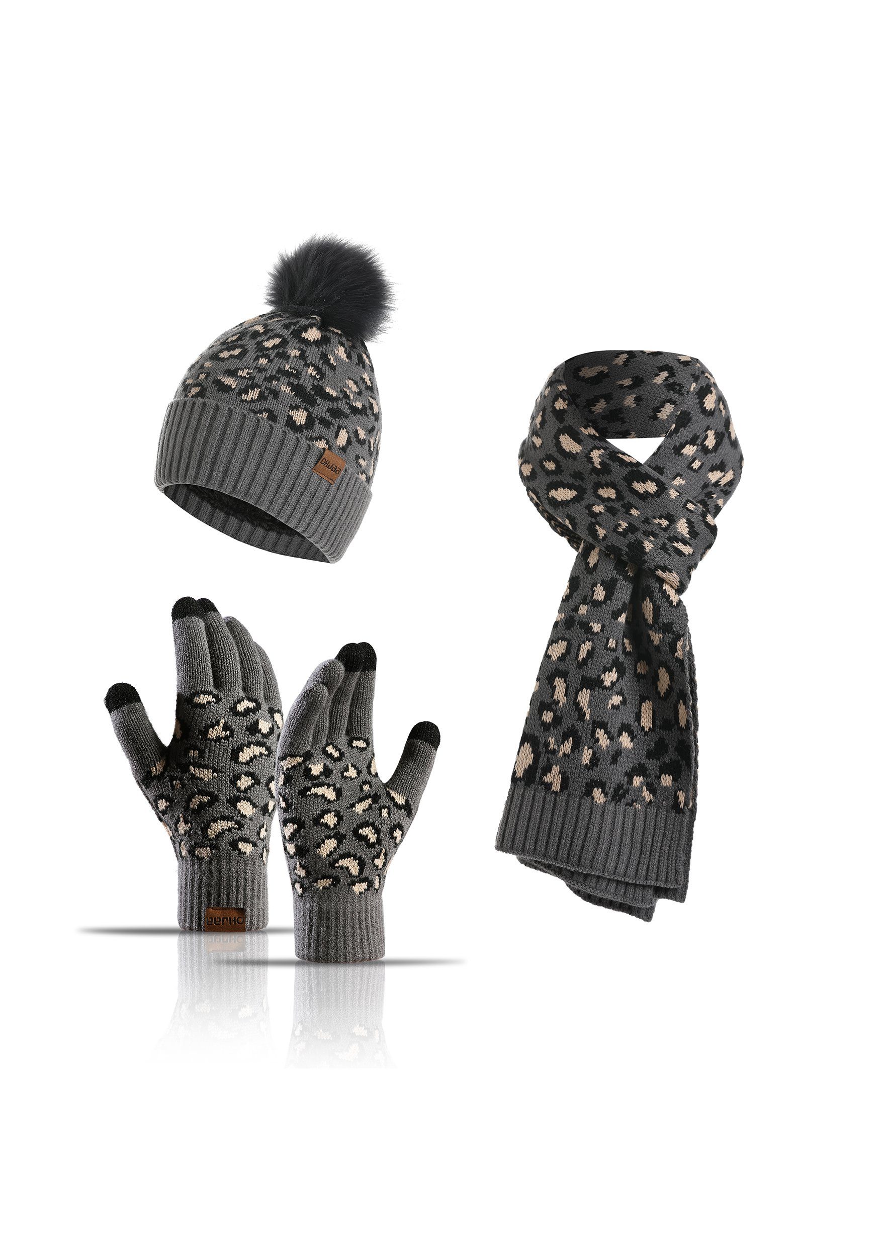 MAGICSHE Mütze & Set Schal Schwarz Handschuhe Schal Leopardenmuster