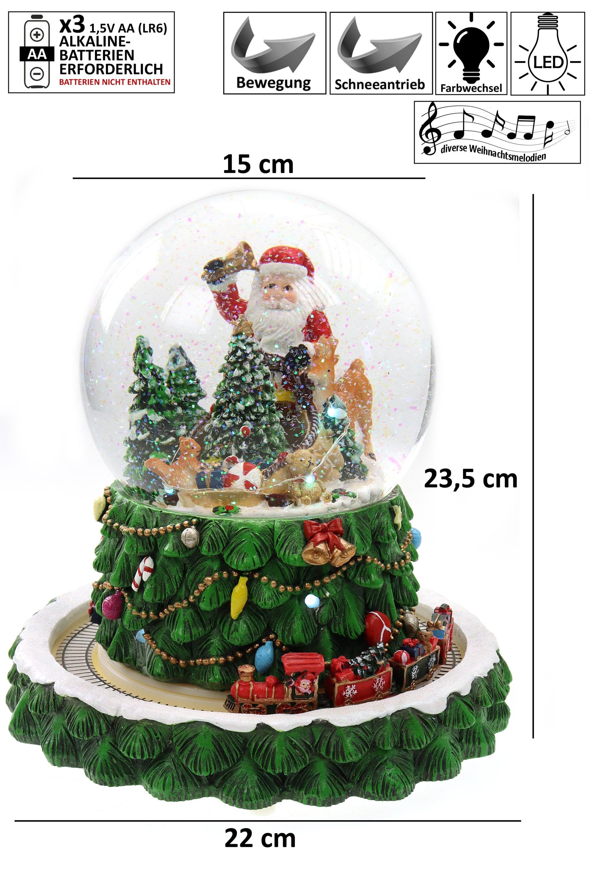 ELLUG Schneekugel Schneekugel/Spieluhr mit Weihnachtsmann und Tannenbäumen  ⌀150mm, weihnachtlicher Sockel mit geschmücktem Weihnachtsbaum, rotierendem  Zug, Musik, Licht & Glitzerantrieb, H: 23,5cm