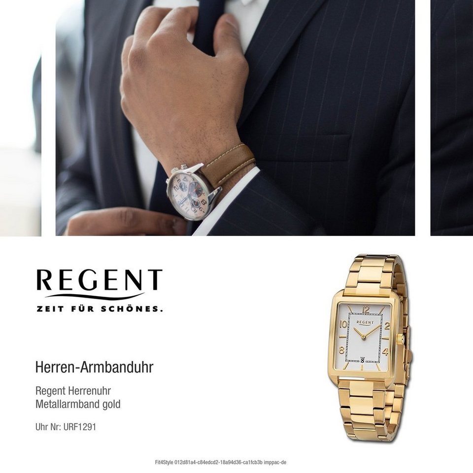 Regent Quarzuhr Regent Herren Armbanduhr Analog, Herrenuhr Metallarmband  gold, rundes Gehäuse, groß (ca. 28,5x41,5mm)