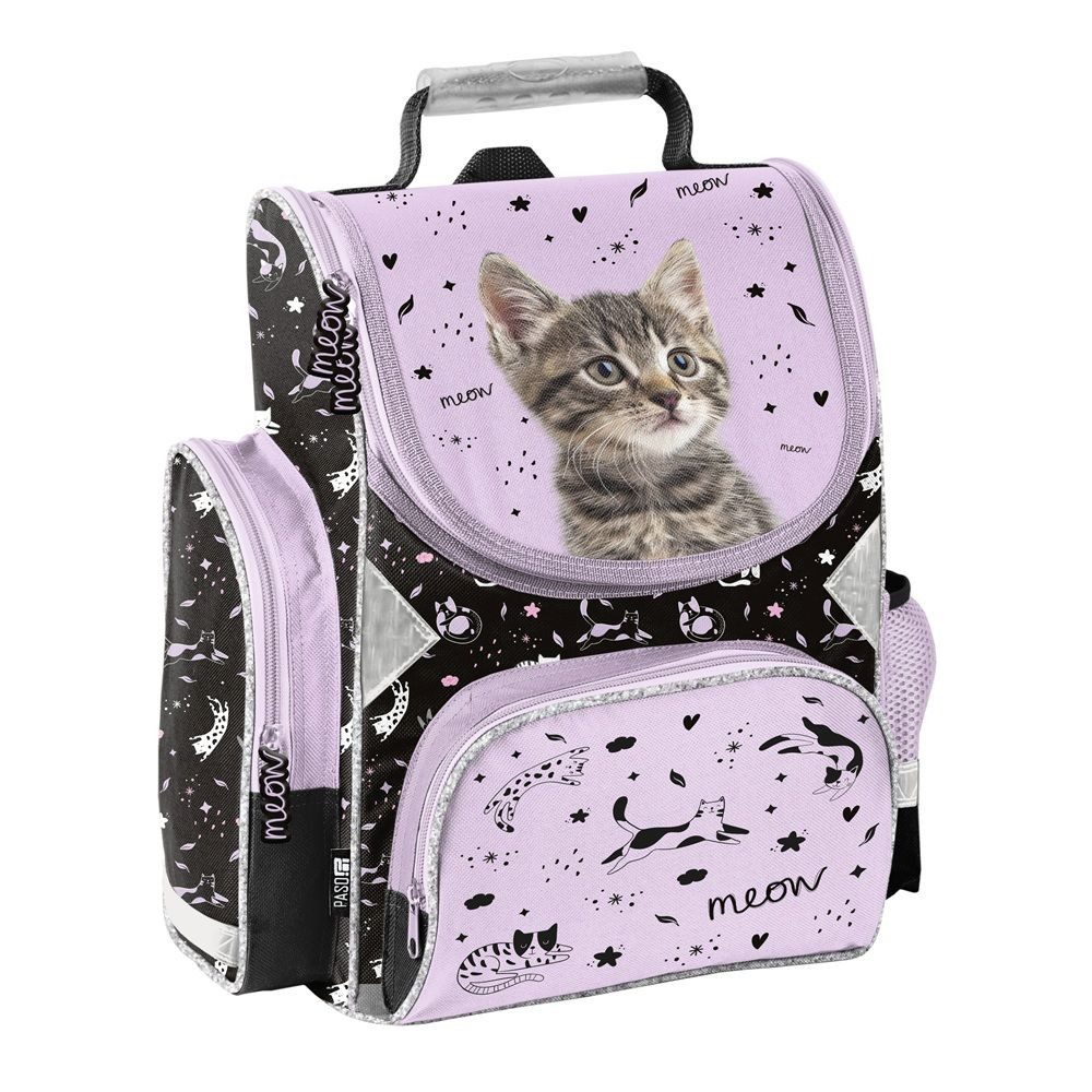 Familando Schulranzen Kitty Katze Schultasche, lila, für Mädchen 1. bis 4. Klasse (Set, 8-tlg., inkl. Federmappe, Lunch-Set und Sporttasche), ergonomisch, 1.010 Gramm leicht, 18L Volumen