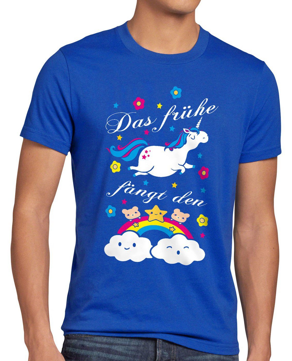 style3 Print-Shirt Herren T-Shirt Das frühe Einhorn fängt Regenbogen Unicorn spruch fun süß kinder blau