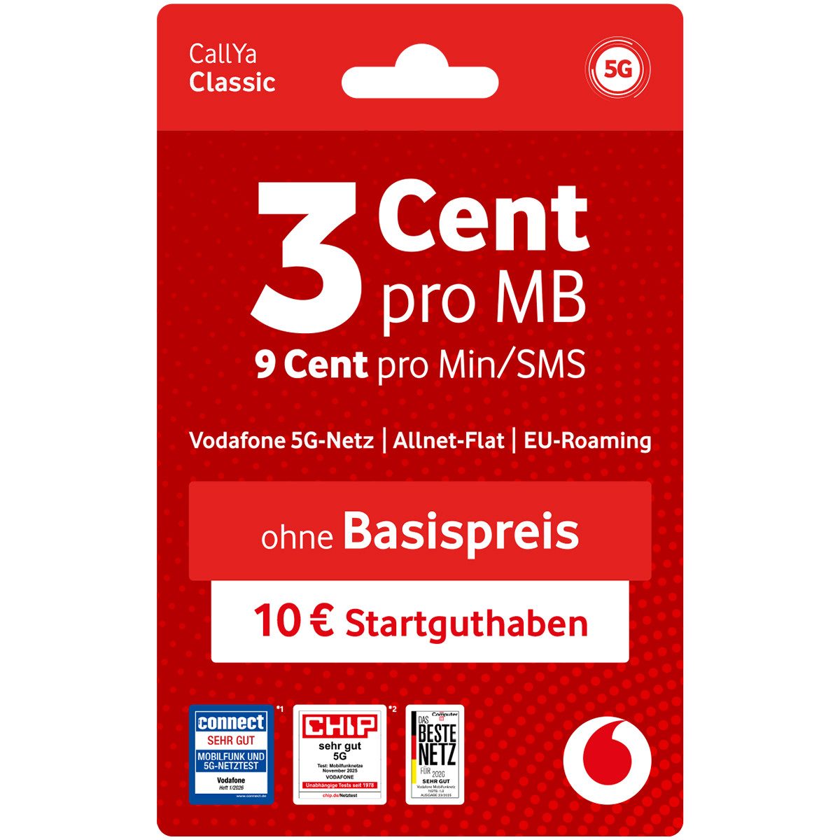 Vodafone CallYa Classic Prepaidkarte, (10 EUR Startguthaben I ohne Vertrag, 5G-Netz, 9 Ct. pro Min/SMS)