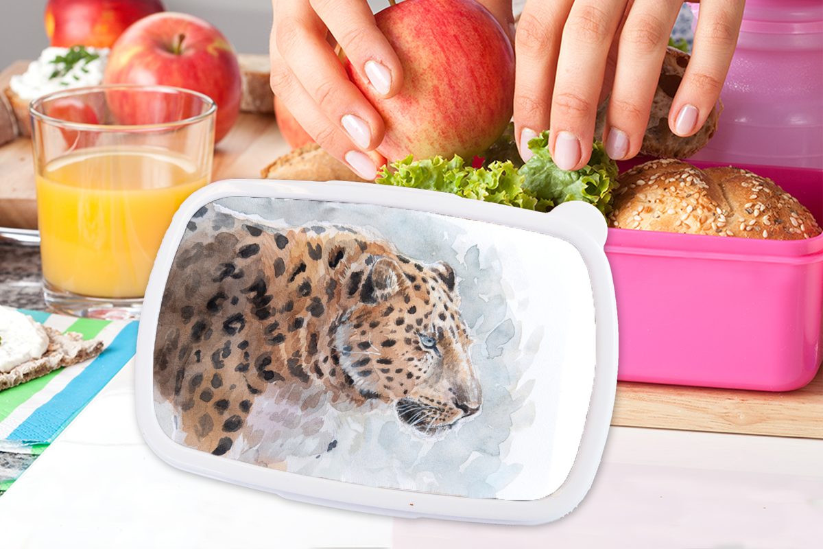 MuchoWow Lunchbox Leopard Kunststoff Blau, Snackbox, Mädchen, - (2-tlg), - Aquarell Kunststoff, Erwachsene, rosa Brotdose Kinder, Brotbox für