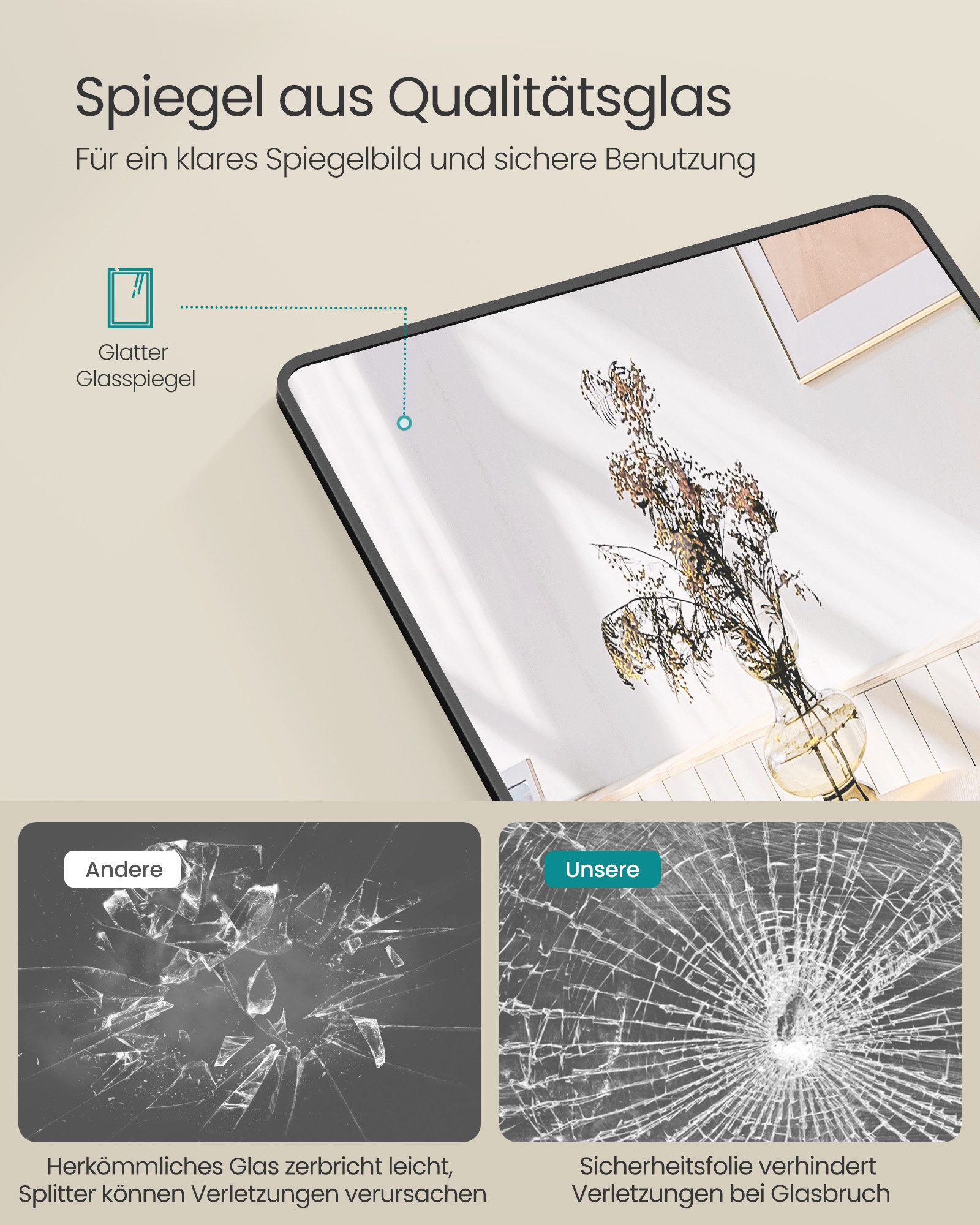 SONGMICS Wandspiegel Tür- und Wandbefestigung, Ganzkörperspiegel, rechteckiger & gewölbter, 120 x 40 cm (L x B)