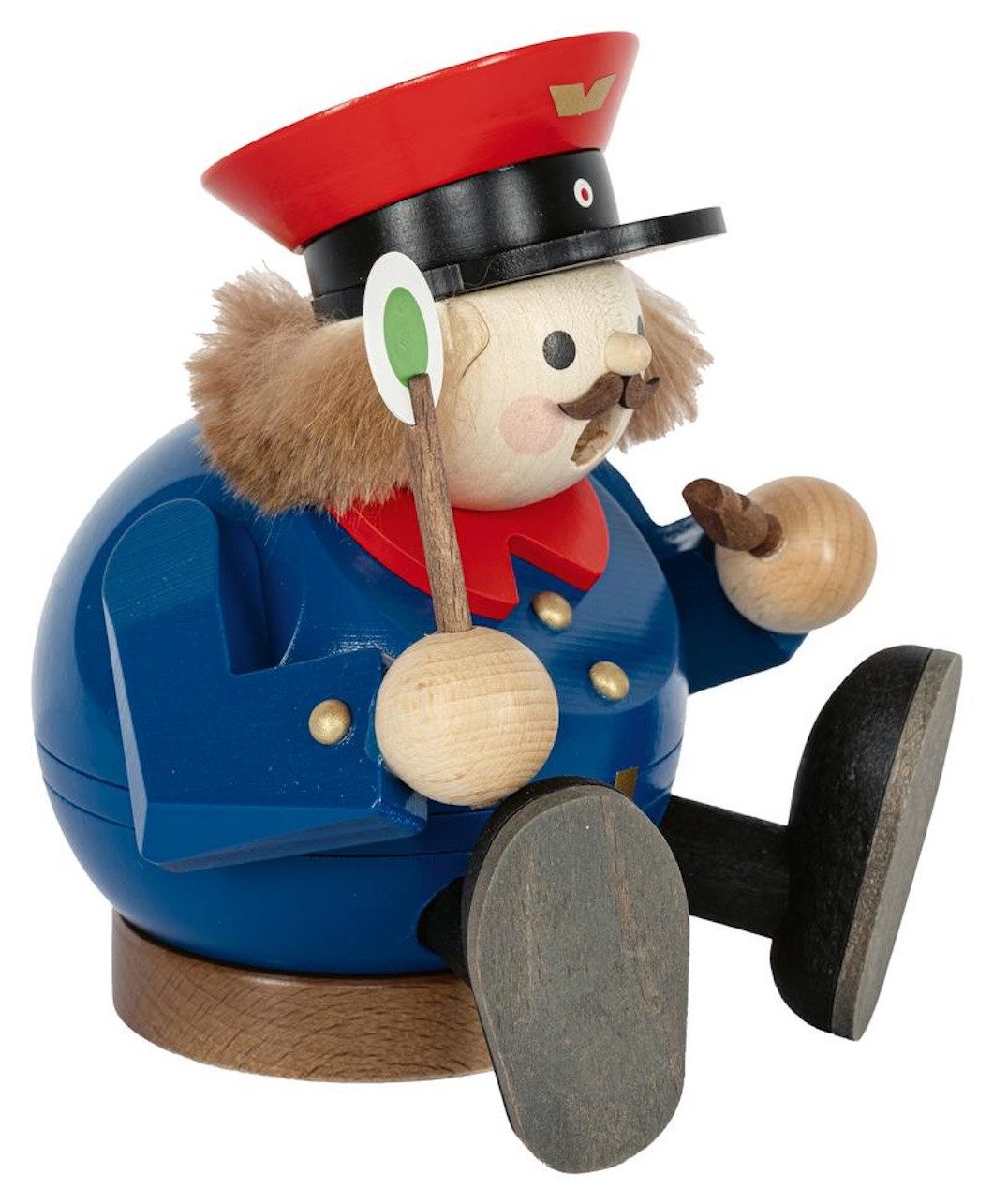 Erzgebirgische Volkskunst Richard Glässer GmbH Räuchermännchen Eisenbahner sitzend - Höhe: 13 cm - Handarbeit aus dem Erzgebirge, (1 St), Handarbeit aus dem Erzgebirge