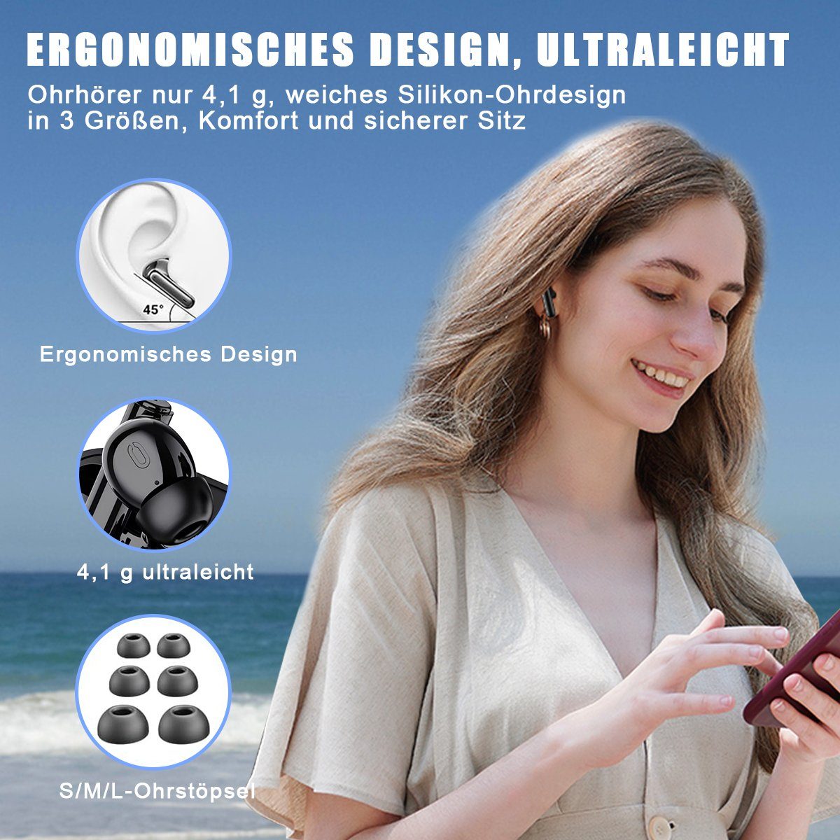 Stereo (Voice wasserdicht, IPX5 für Bluetooth, Assistant, USB-C) Android/iOS Bluetooth5.3, Kabellose In-Ear-Kopfhörer wireless HYIEAR