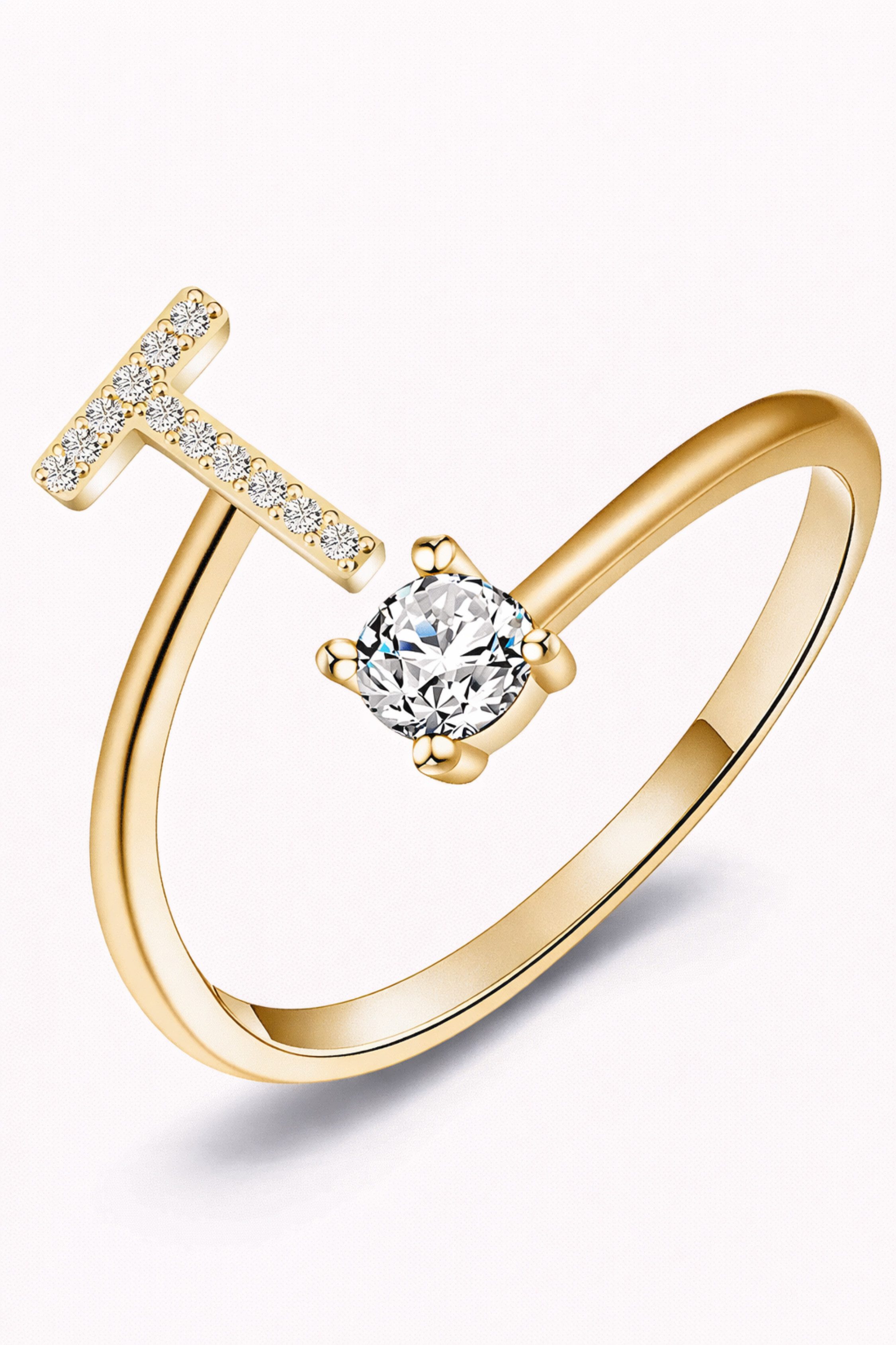 S&T Design Fingerring Buchstaben Ring Damen 14K Gold Vergoldet Silber Verstellbar Wasserfest (Goldring Geschenke für Frauen Freundin Mädchen Schmuck, 1-tlg., Buchstabenring), Damenring langlebigem Edelstahl Verstellbare Größe 50 - 60 Modeschmuck