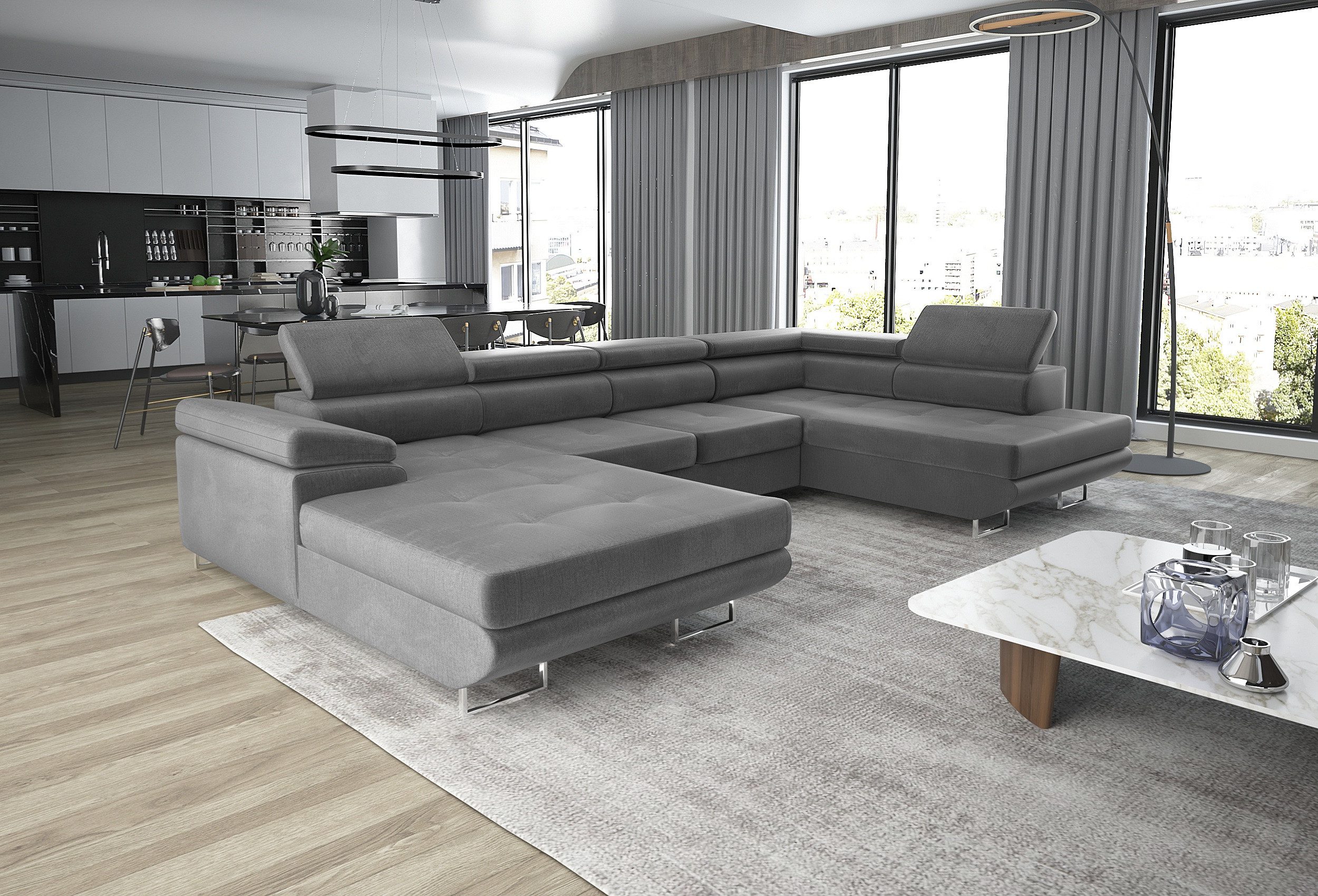 thematys Ecksofa GRENADA in Samt Monolith oder Cord Poso Stoff 355 x 162 cm, U-Form 3 Teile XL-Wohnlandschaft mit Schlaffunktion und Bettkasten