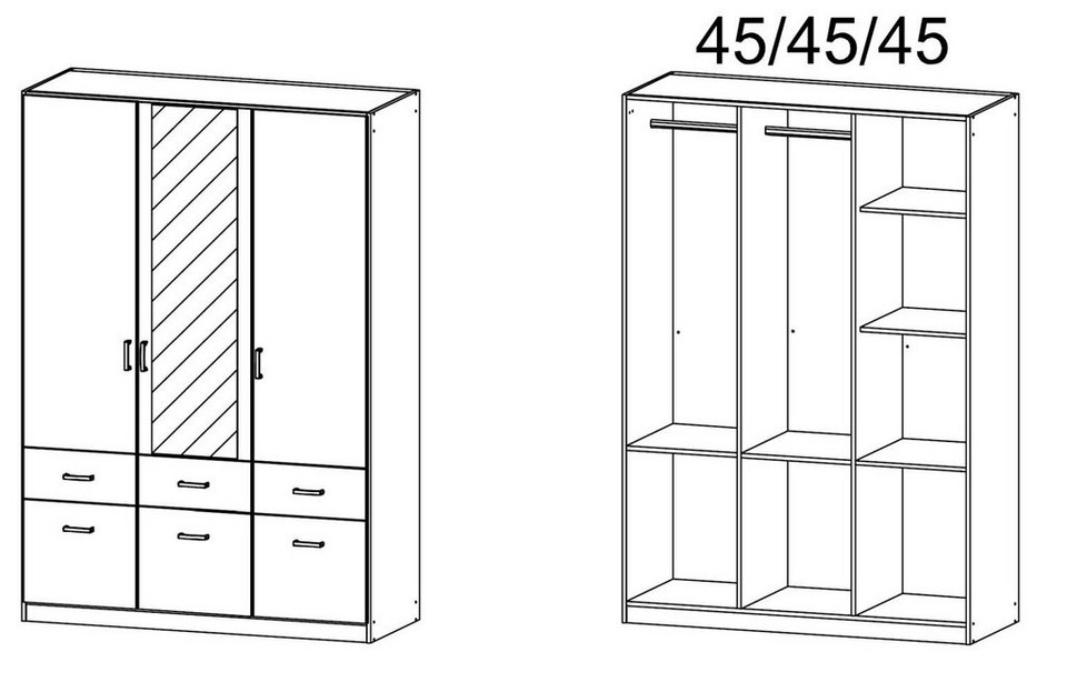 rauch Drehtürenschrank CELLE, B 136 cm x H 197 cm, Weiß matt, Weiß Hochglanz,  3 Türen, 6 Schubladen, mit Spiegel