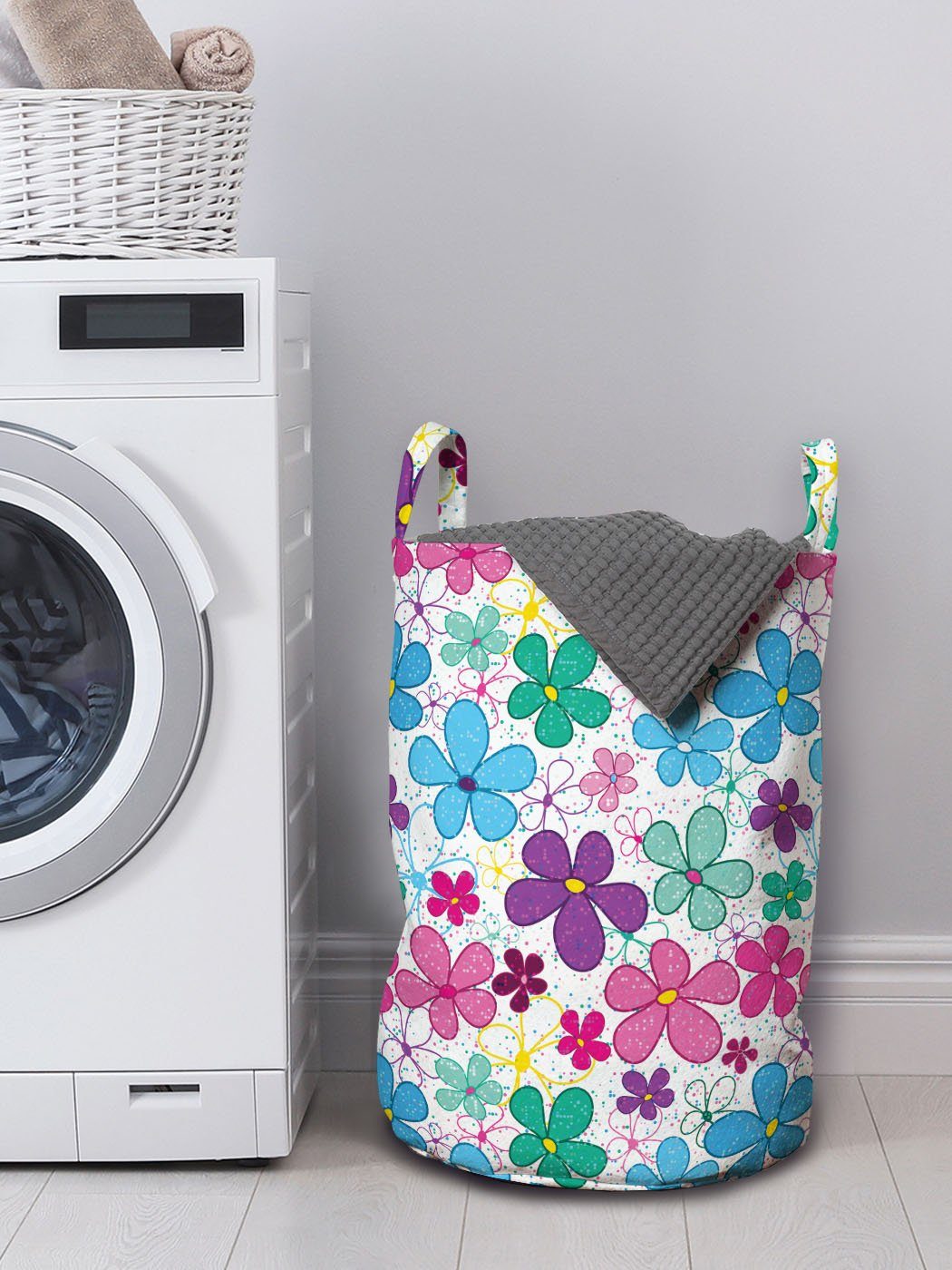 Wäschesäckchen von für Waschsalons, Wäschekorb Griffen Drucken Kordelzugverschluss Doodle Abakuhaus Blumen mit Bunt