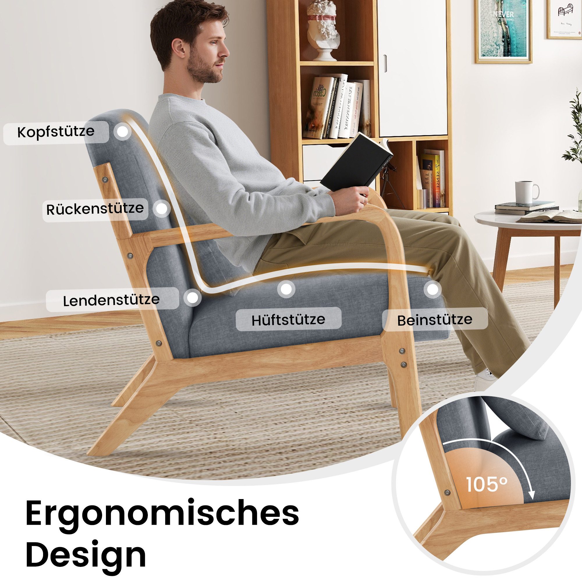 Aunekiv Sessel mit Kissen & Holzrahmen, Lesesessel, Mid-Century Sessel (1-St), Perfekt als Relaxsessel für Wohnzimmer und kleine Räume – Bild 5 von 5