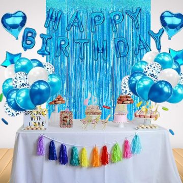 Montegoni Luftballon Blau Geburtstagsdeko Set jungen mit Happy Birthday Girlande, Luftballons,Latex Ballons,Glitzer Vorhang,Blau Kindergeburtstags Deko