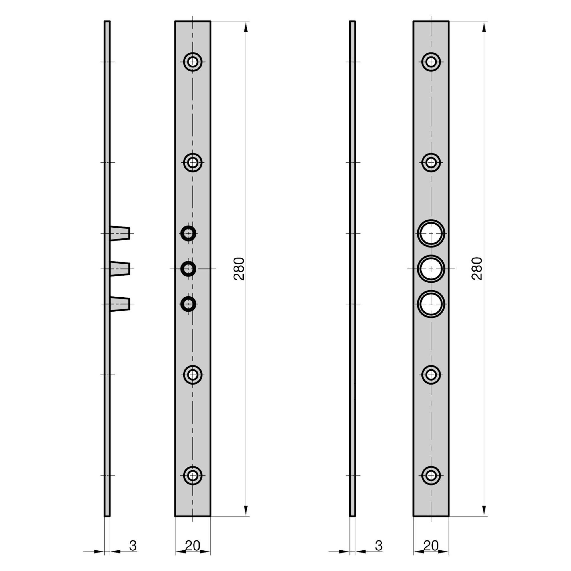 BASI Türbandseitensicherung Bändersicherung, 1 Stück, (Packung, 1-tlg), für Holztüren, 3 Stahlzapfen, verzinkt, 280x20mm, 1 Paar