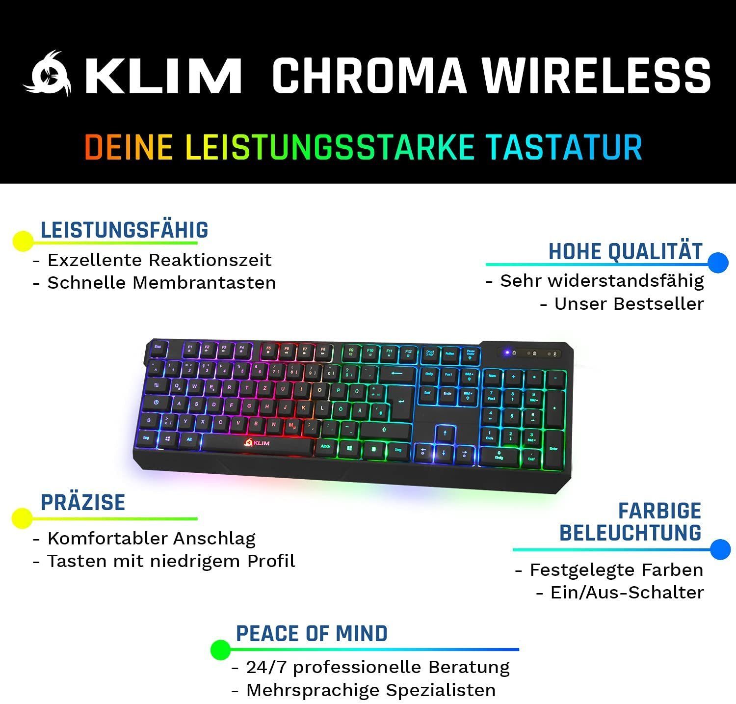 KLIM Chroma (ergonomisches, Tasten, wasserfestes Gaming hintergrundbeleuchtete Tastenbelegung) Deutsche langlebiges Gaming-Tastatur und Anti Ghosting Keyboard, wireless Gaming