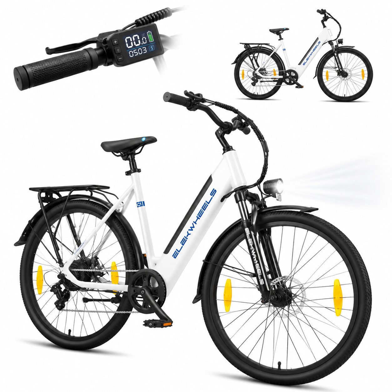 ELEKWHEELS E-Bike Cityrad 26", 36V 10Ah Akku bis 90km, 7-Gang-Schaltung, 7 Gang, Kettenschaltung, App-Steuerung mit Bluetooth
