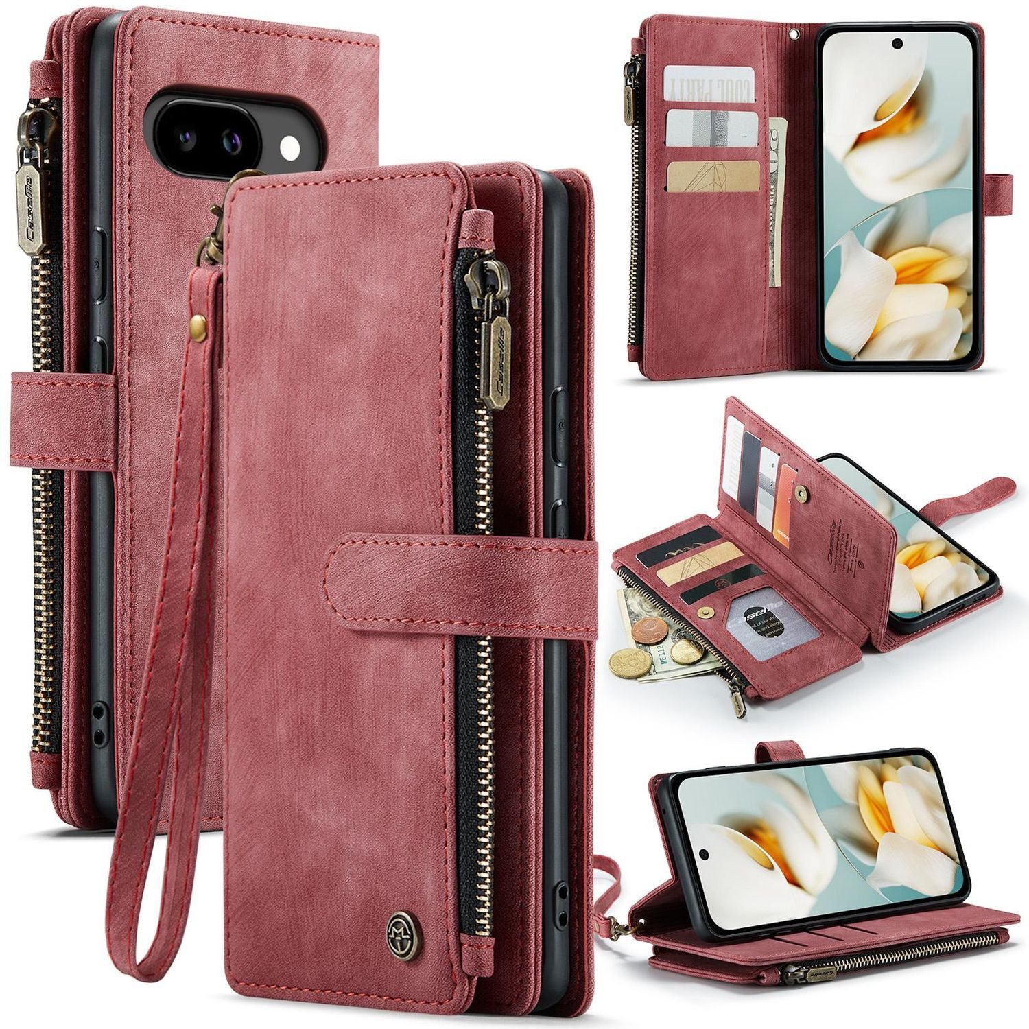 CaseMe Handyhülle Für Google Pixel 9a Kunstleder Multifunktion C30 Wallet Tasche Rot, Kunst-Leder Schutz Tasche Smart Case Multifunktion