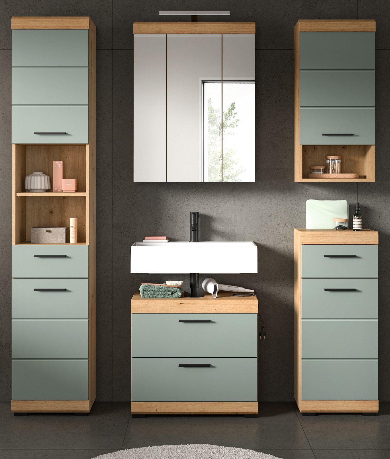 Inn.Furn Badmöbel-Set Shawn, (Badezimmer in Salbei grün und Artisan Eiche, Komplett-Set 5-teilig, 164 x 191 cm), mit extra viel Stauraum – Bild 2 von 5