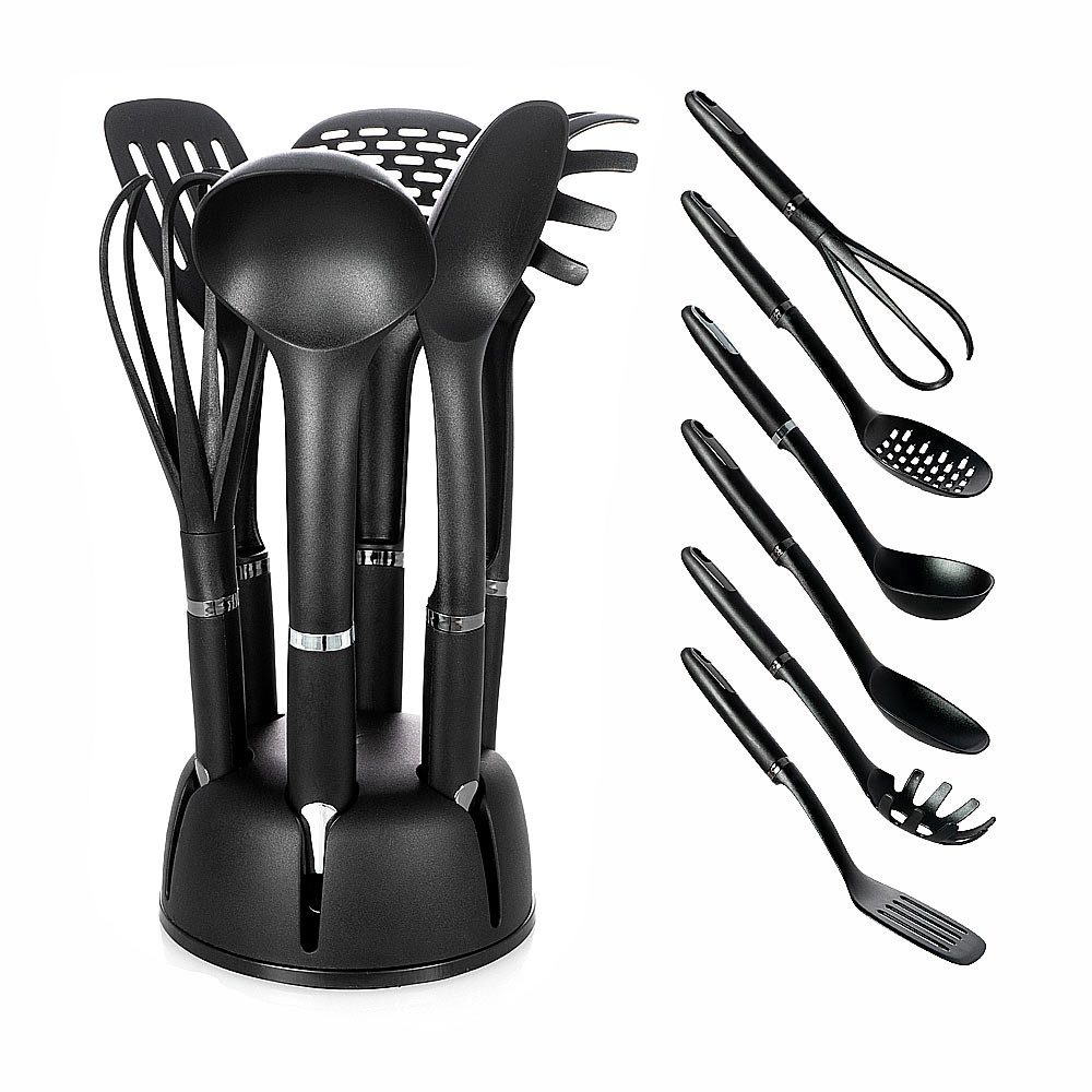 BEM Kochbesteck-Set Küchenhelfer 6-tlg. Set mit drehbarem Standhalter (Küchenset mit Pfannenwender Suppenkelle Spaghettilöffel, Nudellöffel Schneebesen Servierlöffel), BPA frei Hitzebeständigkeit bis zu 190°C