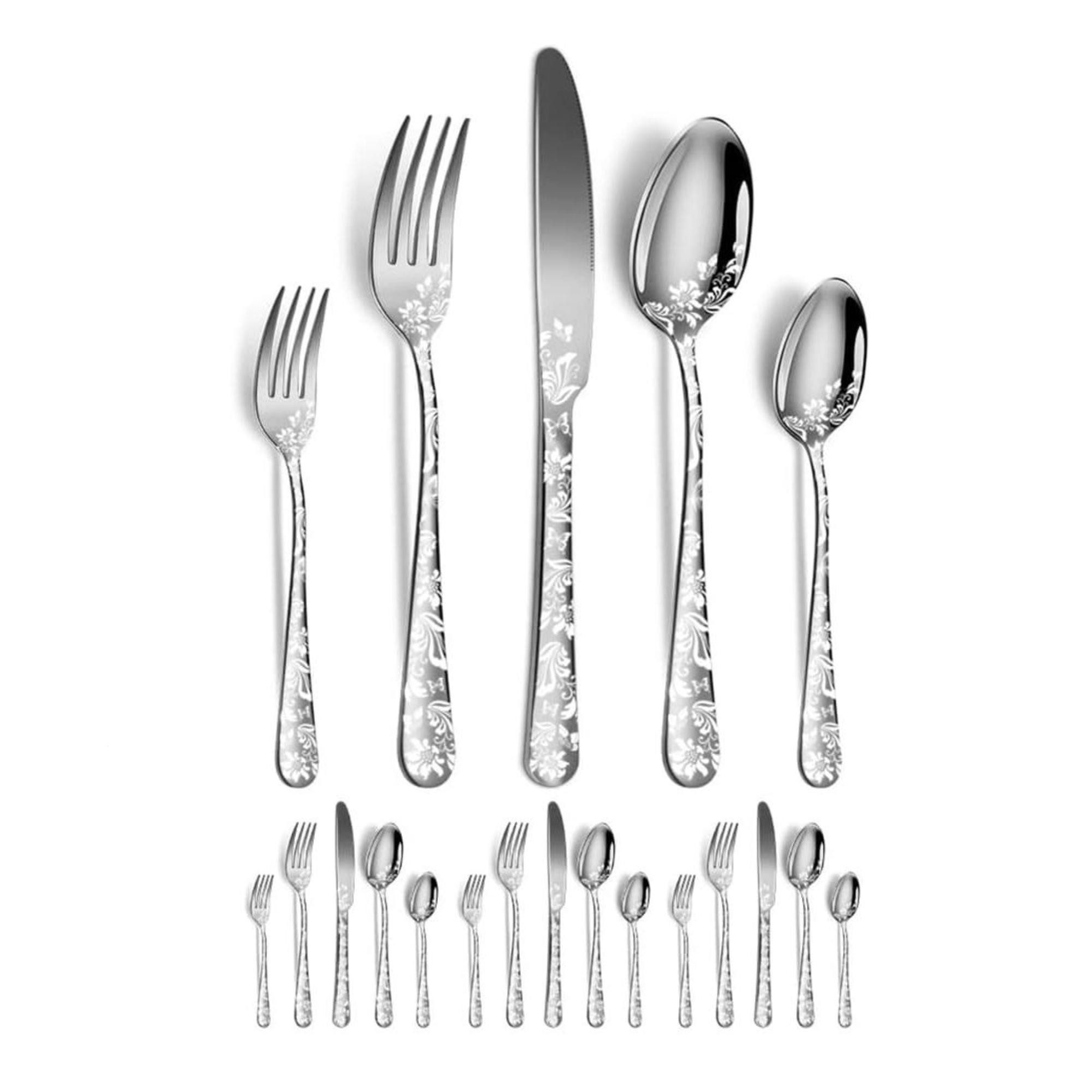 HEYHIPPO Besteck-Set Gemustertes Edelstahlgeschirr, 20-teiliges Set, Western-Steakmesser-, Gabel- und Löffelset, geeignet für Zuhause und Restaurant