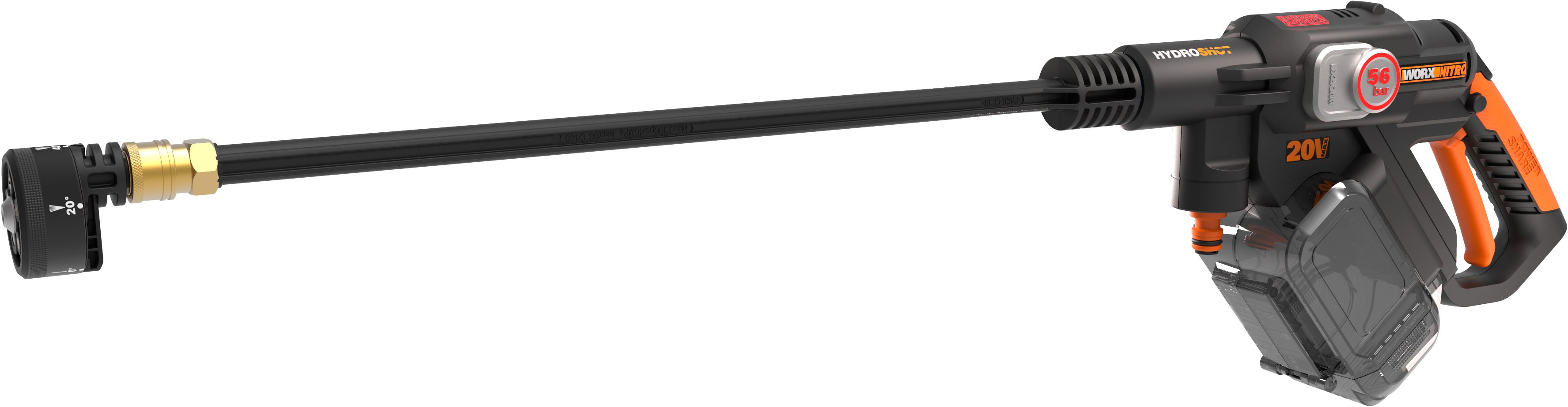 Worx Akku-Hochdruckreiniger WG633E Hydroshot, Druck max: 56 bar, Fördermenge max: 210 l/h, bürstenloser Motor, 5-in-1 Druckdüse, inkl. Akku und Ladegerät