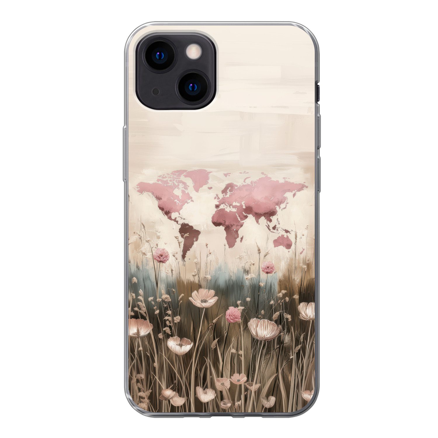 MuchoWow Handyhülle für Apple iPhone 13 mini Weltkarte - Rosa - Blumen, Smartphone-Bumper, Print, Handy Schutzhülle Dünn